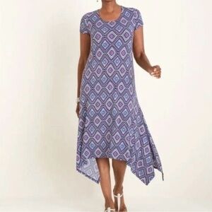 Chico's Asymmetrical Short Sleeve Stretchy Midi Dress Sz 3 Geometric Keyhole